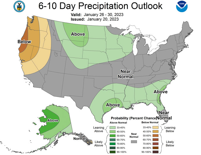 Outlook 6-10 days for precipitation, January 26 to January 30, 2023 (National Weather Service Climate Prediction Center).