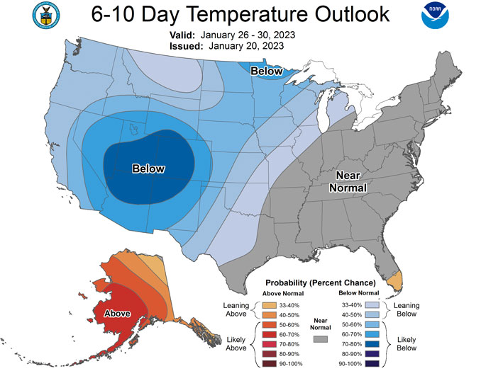 Outlook 6-10 days for temperature, January 26 to January 30, 2023 (National Weather Service Climate Prediction Center)