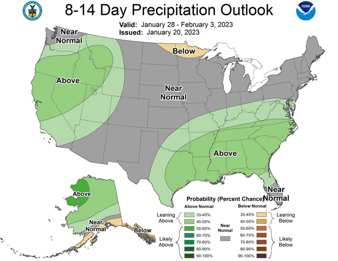 Outlook 8-14 days for precipitation, January 28 to February 3, 2023 (National Weather Service Climate Prediction Center)