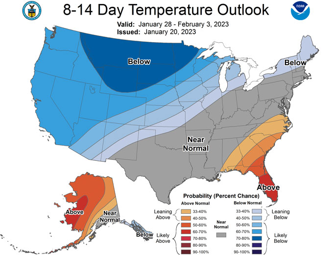 Outlook 8-14 days for temperature, January 28 to February 3, 2023 (National Weather Service Climate Prediction Center)