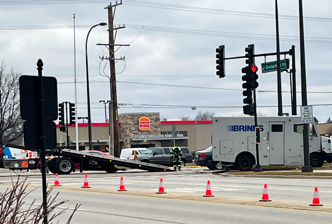 Brink's truck crash with another vehicle at Meacham Road and Biesterfield Road in Elk Grove Village, Wednesday, January 18, 2023