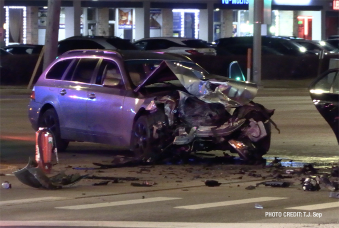 Severely damage vehicle after crash at Algonquin Road and Busse Road on Friday, January 6, 2023 (PHOTO CREDIT: T.J. Sep)