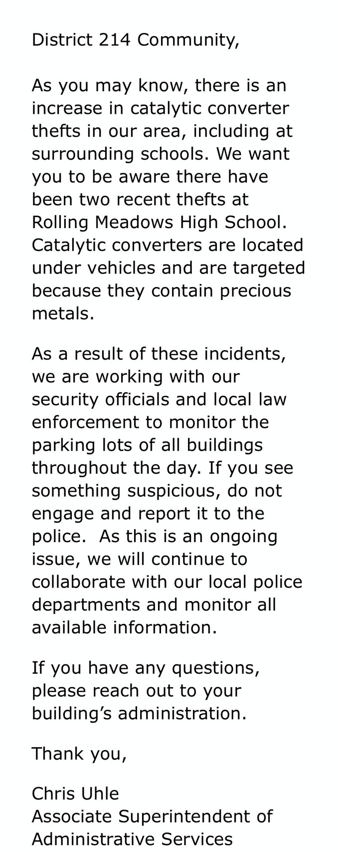 Catalytic Converter theft letter from District 214 Associate Superintendent of Administrative Services Chris Uhle