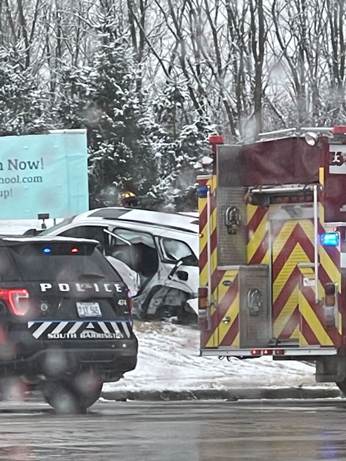 Crash with entrapment at Barrington Road and Algonquin Road in South Barrington after suspects fled with multiple stolen autos from Motor Werks of Barrington.