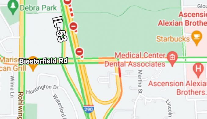 I-290/IL-53 wrong-way crash just south of Biesterfield Road on Sunday, January 22, 2023 about 2:02 a.m. (Map data ©2023 Google)