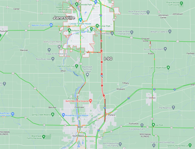 Pile-up p crashes I-90 in both directions near Janesville (Map data ©2023 Google)
