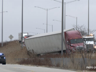 Semi-trailer truck on southbound Route 53 south of Rand Road after leaving the roadway and almost rolling down an embankment on Friday, January 6, 2023 (SOURCE: T.J. Sep)