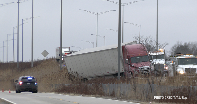 Semi-trailer truck on southbound Route 53 south of Rand Road after leaving the roadway and almost rolling down an embankment on Friday, January 6, 2023 (SOURCE: T.J. Sep)