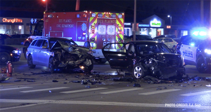 Two vehicles with heavy damage after a crash in the intersection of Algonquin Road and Busse Road in Mount Prospect (PHOTO CREDIT: T.J. Sep)