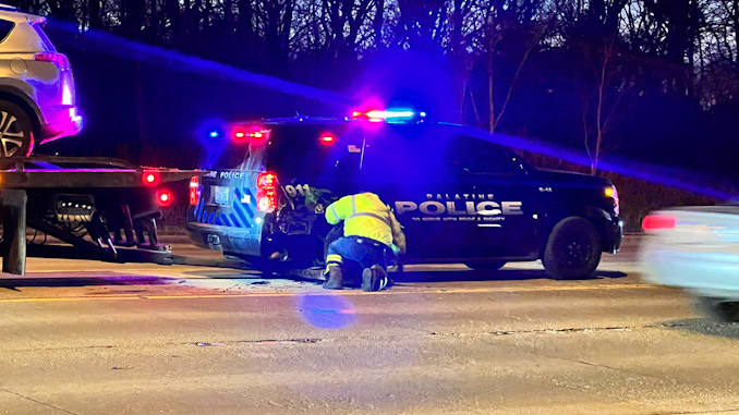 A Palatine Police Department SUV prepared for towing after a crash on Northwest Highway near Palatine Stables, 1510 West Northwest Highway on Monday, February 6, 2023