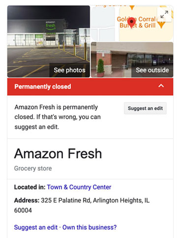 Amazon Fresh Permanently Closed early morning Thursday, February 16, 2023 (SOURCE: Google)