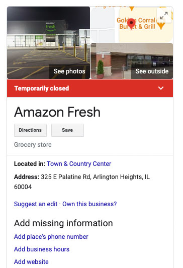 Amazon Fresh Temporarily Closed late evening Thursday, February 16, 2023 (SOURCE: Google)