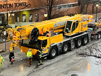 Large crane before operation at Dunton Tower, 55 South Vail Avenue in Arlington Heights, Monday morning, February 27, 2023