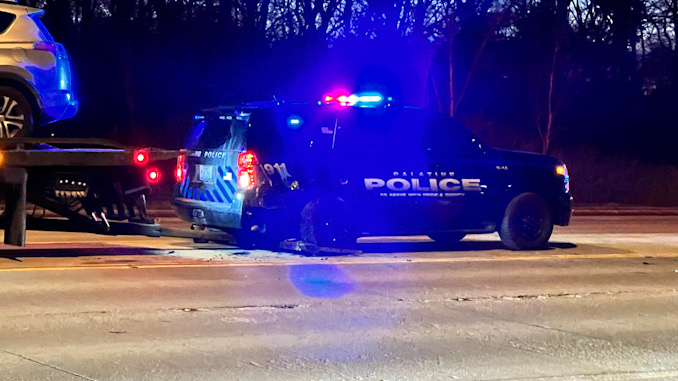 A Palatine Police Department SUV prepared for towing after a crash on Northwest Highway near Palatine Stables, 1510 West Northwest Highway on Monday, February 6, 2023