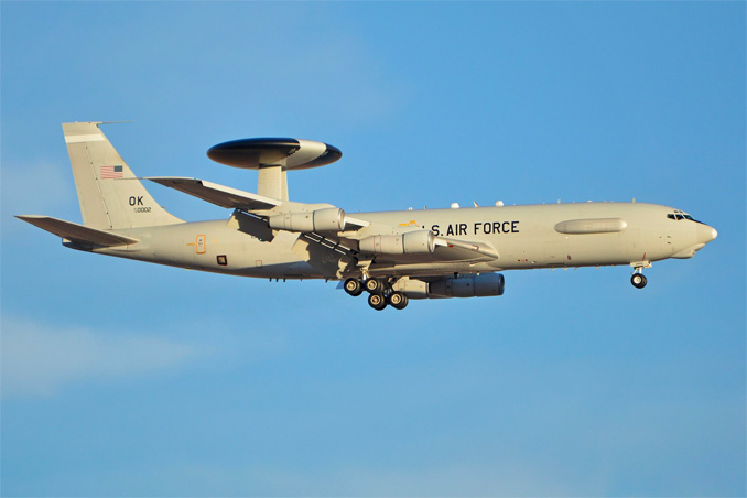 E-3B Sentry AWAC operated by the 552nd Air Control Wing based at Tinker AFB, Oklahoma returning from a mission as part of Red Flag16-2 Nellis AFB, Nevada on March 1, 2016 (PHOTO CREDIT: Alan Wilson CC BY-SA 2.0)