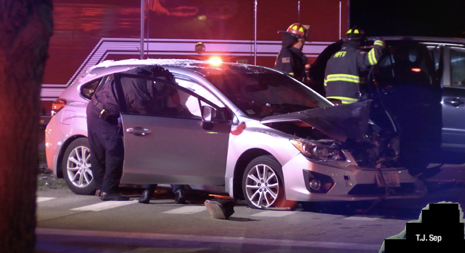 Silver Subaru damaged in a two-vehicle crash at River Road and Euclid Avenue Friday, February 17, 2023 (PHOTO CREDIT: T.J. Sep).
