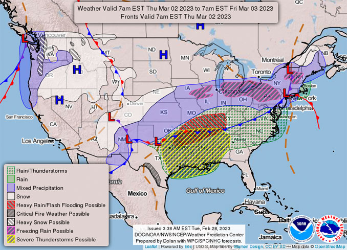US Weather Chart for 6:00 a.m. CST Thursday March 2, 2023 to 6:00 a.m. CST Friday, March 3, 2023 (SOURCE: NOAA/NWS)