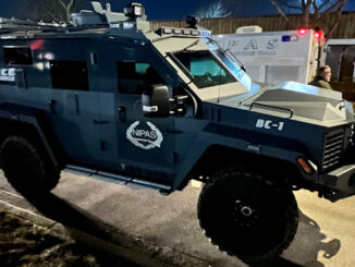 One of two Bearcat armored vehicles assigned to the scene to make contact with a barricaded male resident