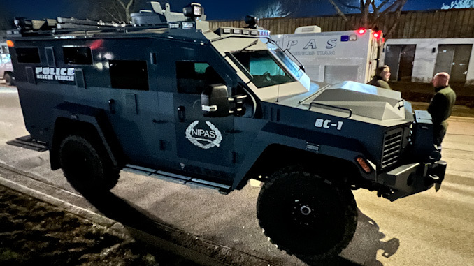 One of two Bearcat armored vehicles assigned to the scene to make contact with a barricaded male resident