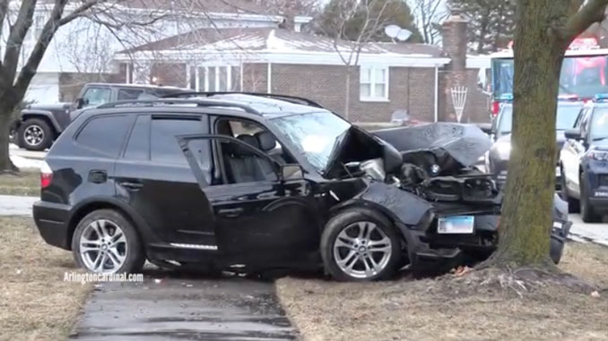 BMW X3 crashed into a tree on Hintz Road near Rand Road in Arlington Heights, Sunday, March 12, 2023