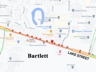 Bartlett hit-and-run scene on Lake Street between Oak Avenue and Park Avenue Bartlett on Saturday, March 11, 2023 (Map data ©2023 Google)
