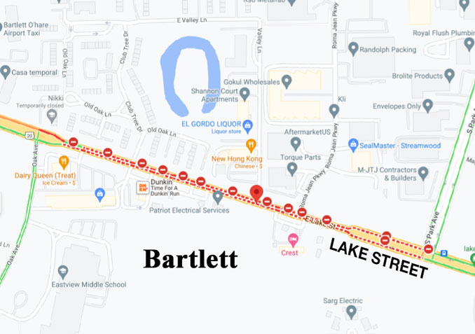 Bartlett hit-and-run scene on Lake Street between Oak Avenue and Park Avenue Bartlett on Saturday, March 11, 2023 (Map data ©2023 Google)