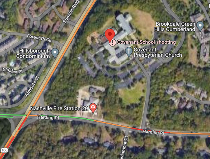 Covenant School located less than 400 feet from Nashville Fire Station 20 on Harding Place (Imagery ©2023 Maxar Technologies, USDA/FPAC/GEO, map data ©2023)