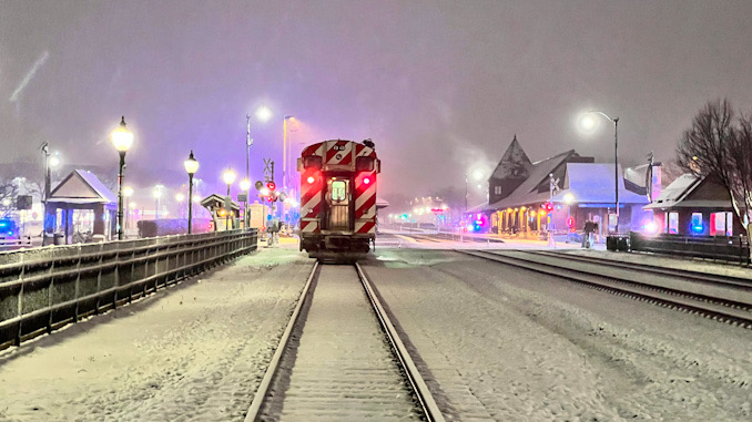 Metra Train #661 stopped on Track 1 at the Metra downtown Arlington Heights train station after a pedestrian trespassed on the railroad tracks, Thursday, March 9, 2023.