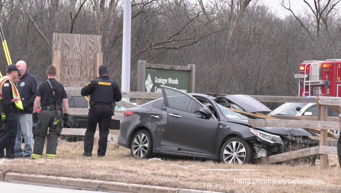 Passenger side of windshield with fence intruding into passenger cabin after crash that occurred as the driver of this Kia Optima fled a retail theft in Vernon Hills, Monday, March 6, 2023 (PHOTO CREDIT: Craig/CapturedNews)