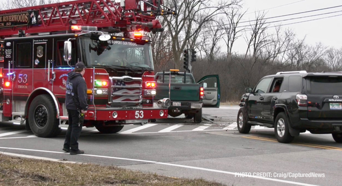 Toyota 4-Runner and GMC Sierra damaged after crash that occurred as the driver of a Kia Optima fled a retail theft in Vernon Hills, Monday, March 6, 2023 and crashed at Route 60 and Saint Marys Road in Mettawa (PHOTO CREDIT: Craig/CapturedNews)