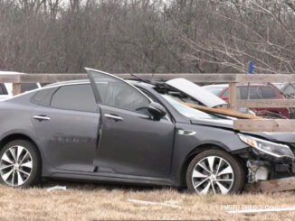 Passenger side of windshield with fence intruding into passenger cabin after crash that occurred as the driver of this Kia Optima fled a retail theft in Vernon Hills, Monday, March 6, 2023 (PHOTO CREDIT: Craig/CapturedNews)