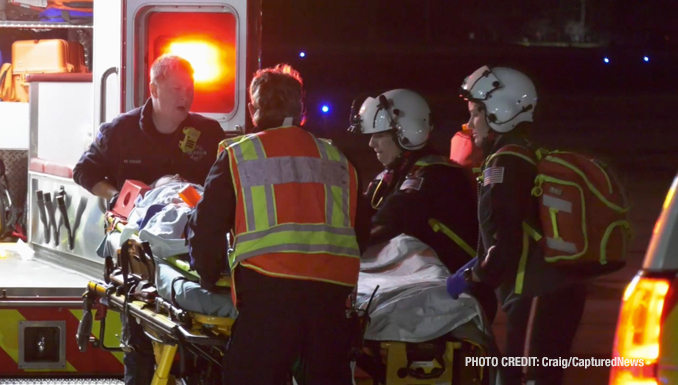 Patient being loaded onto a LifeNet medical transport helicopter at Waukegan National Airport after a crash at Lewis Avenue and Bonnie Brook Lane in Waukegan (SOURCE: Craig/CapturedNews)