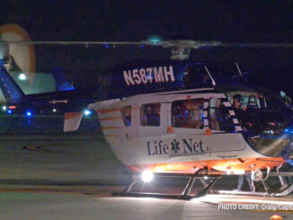 LifeNet medical transport helicopter in the Landing Zone at Waukegan National Airport after a crash at Lewis Avenue and Bonnie Brook Lane in Waukegan (SOURCE: Craig/CapturedNews)