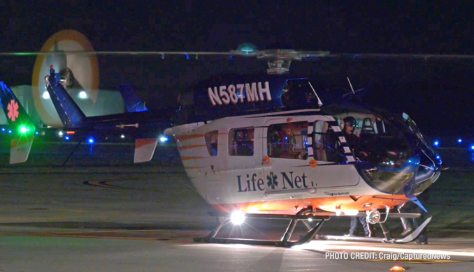 LifeNet medical transport helicopter in the Landing Zone at Waukegan National Airport after a crash at Lewis Avenue and Bonnie Brook Lane in Waukegan (SOURCE: Craig/CapturedNews)