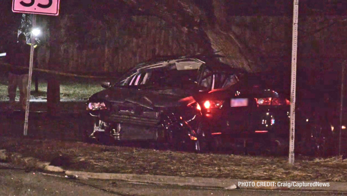 Two-vehicle crash wreckage off the road at Lewis Avenue and Bonnie Brook Lane in Waukegan (Craig/CapturedNews)