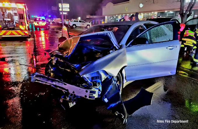 Severe front-end damage at crash on Milwaukee Avenue near Greenwood Avenue in Niles, Wednesday, March 22, 2023