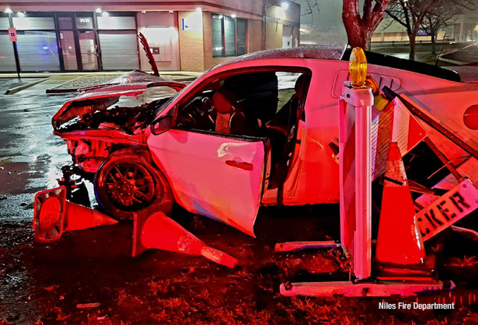 Severe front-end damage at crash on Milwaukee Avenue near Greenwood Avenue in Niles, Wednesday, March 22, 2023 (SOURCE: Niles Fire Department)