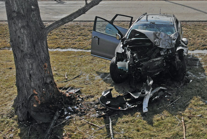 A totaled Nissan Murano allegedly intentionally driven into a tree in Beach Park by Domingo J. Rogel while he was traveling with a passenger on Wednesday, March 1, 2023 (SOURCE: Lake County Sheriff's Office)