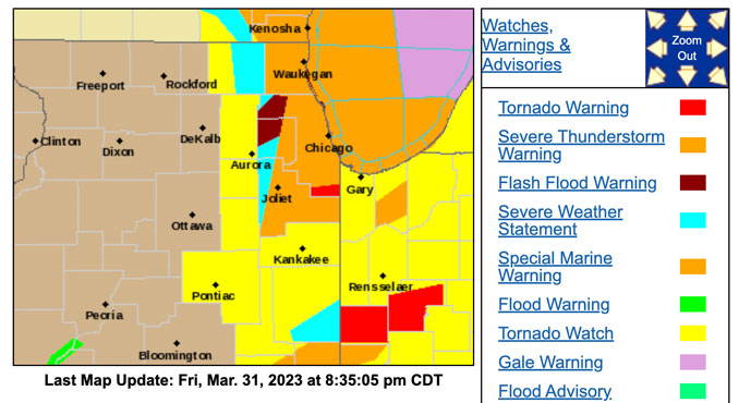 No Tornado Warning for Arlington Heights in NWS Chicago Map at 8:42 p.m.