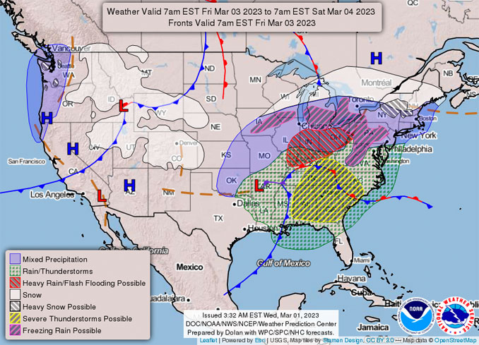 US Weather Chart for 6:00 a.m. CST Friday March 3, 2023 to 6:00 a.m. CST Saturday, March 4, 2023 (SOURCE: NOAA/NWS)