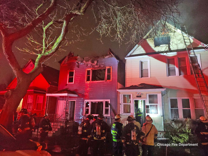 Apartment house fire scene at Wallace Street Chicago, where two injured firefighters were transported to Advocate Christ Medical Center in Oak Lawn (SOURCE: CFD Media)
