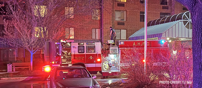 Engine 3 and firefighter at the fire scene at 1250 West Central Road in Arlington Heights on Wednesday, April 12, 2023 (PHOTO CREDIT: TJ Sep)