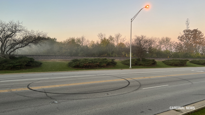 Tire marks from donuts last Fall Saturday morning, October 29, 2022 in Arlington Heights on Northwest Highway near Waterman Avenue where Culver's is located in Arlington Heights