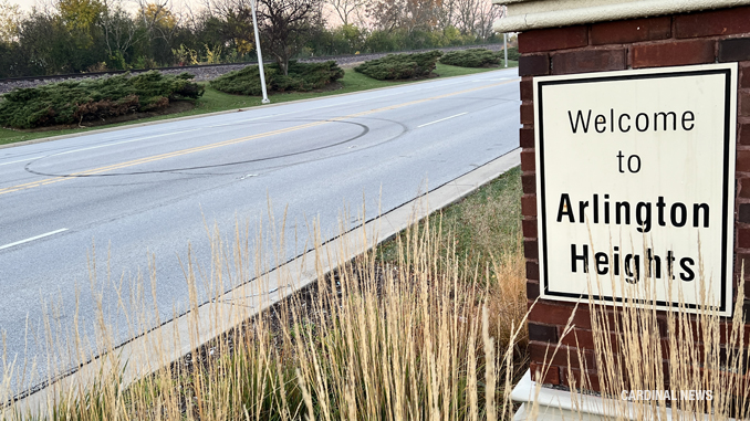 Tire marks from donuts last Fall on Saturday morning, October 29, 2022  in Arlington Heights on Northwest Highway near Waterman Avenue where Culver's is located in Arlington Heights near the border with Mount Prospect