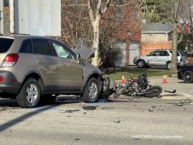 SUV and motorcycle in crash at Cedar Lake Road and Ferndale Drive Round Lake Beach on Monday, April 10, 2023 (PHOTO CREDIT: Craig/CapturedNews)