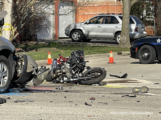 SUV and motorcycle in crash at Cedar Lake Road and Ferndale Drive Round Lake Beach on Monday, April 10, 2023 (PHOTO CREDIT: Craig/CapturedNews)