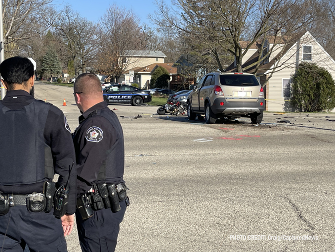 SUV and motorcycle in crash at Cedar Lake Road and Ferndale Drive Round Lake Beach on Monday, April 10, 2023 (PHOTO CREDIT: Craig/CapturedNews)