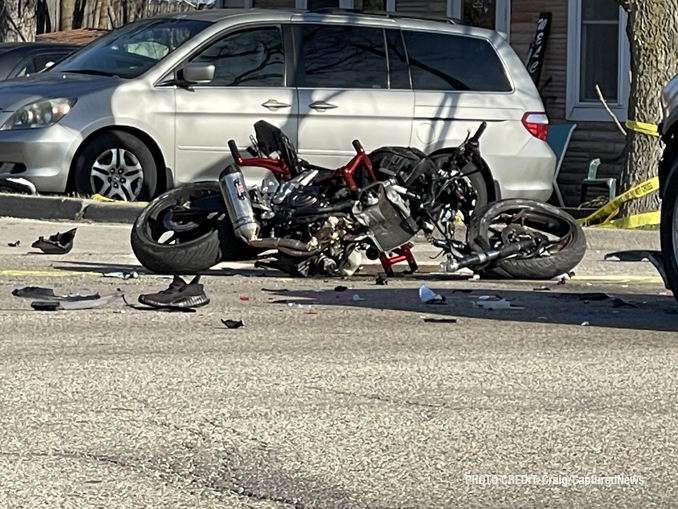 SUV and motorcycle in crash at Cedar Lake Road and Ferndale Drive Round Lake Beach on Monday, April 10, 2023 (PHOTO CREDIT: Craig/CapturedNews)