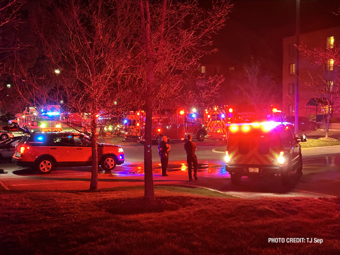 Fire scene on the west side of the building at 1250 West Central Road in Arlington Heights on Wednesday, April 12, 2023 (PHOTO CREDIT: TJ Sep)