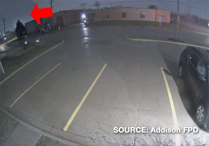 Tornado captured on Addison FPD fire station security video on Friday, March 31, 2023 at about 8:15 p.m. (SOURCE: Addison Fire Protection District)